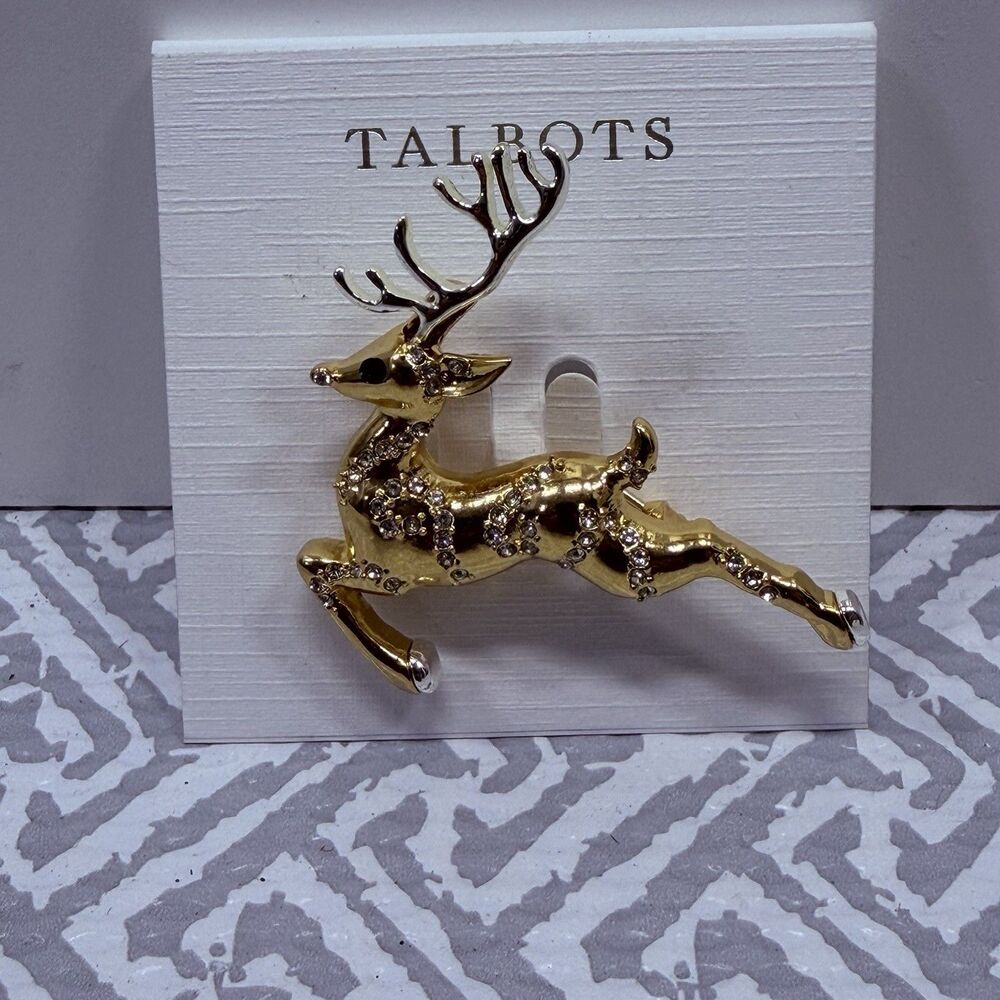 NWT Talbots "Oh Deer" Reindeer Holiday Brooch Pin Gold Rhinestone Crystal